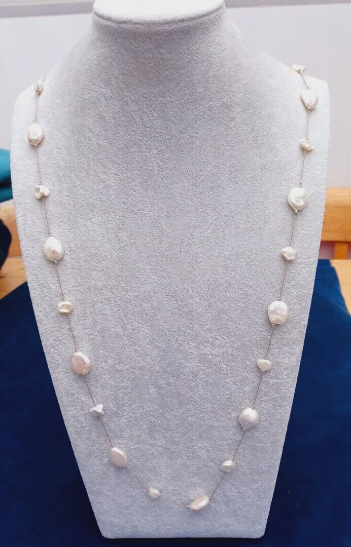 925 Sterling Silver Cultured Freshwater Pearl Long Necklace Keshi Pearl #A46