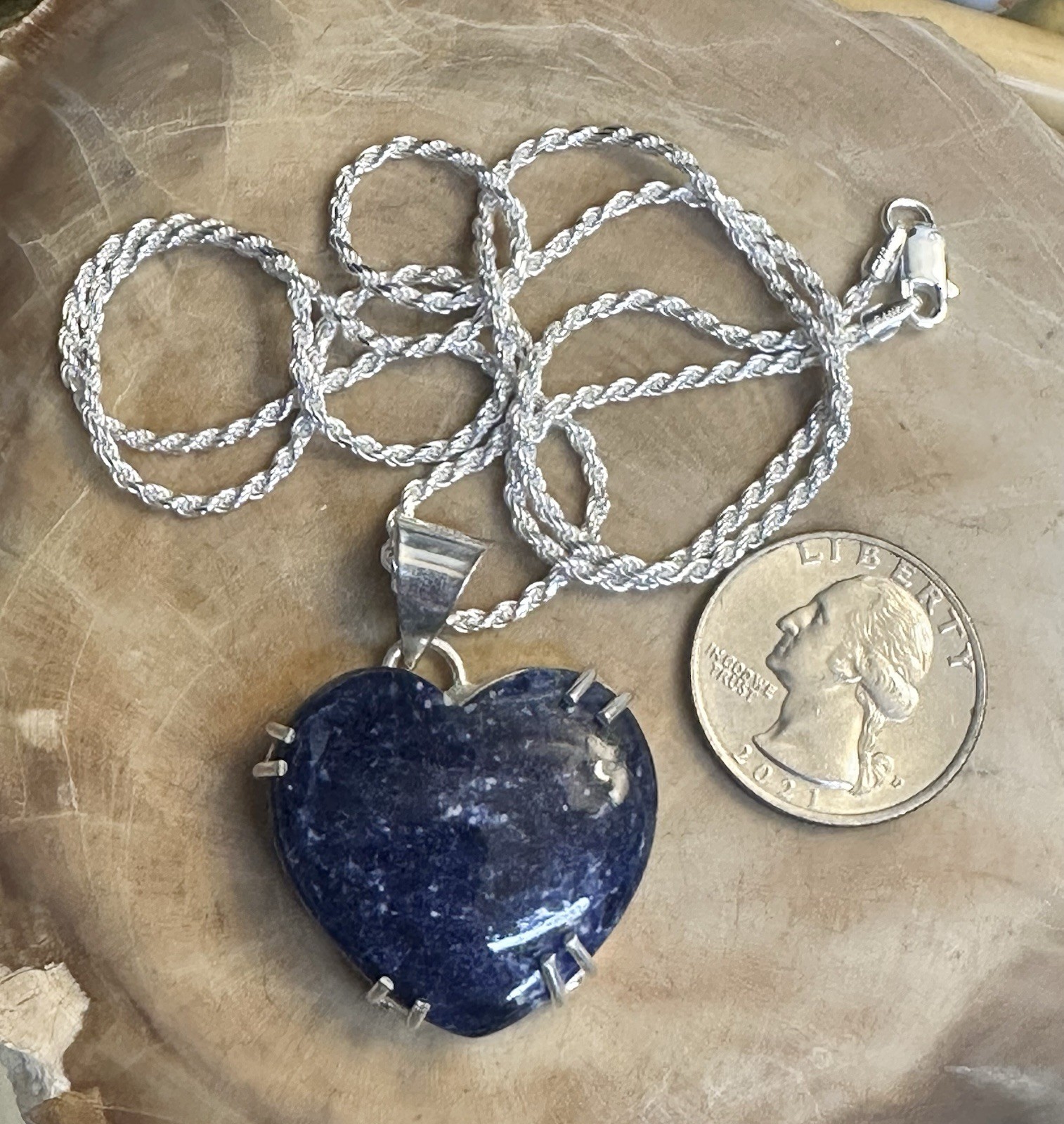 Lovely Lapis Lazuli 925 Sterling Silver Heart Pendant Necklace 24 Inch