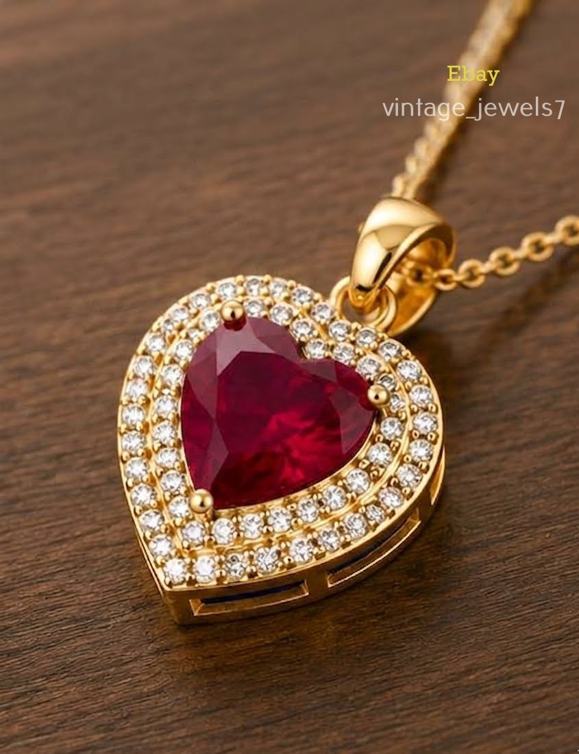 14K Yellow Gold Finish 2CT Heart Cut Genuine Real Ruby Pendant Double Halo