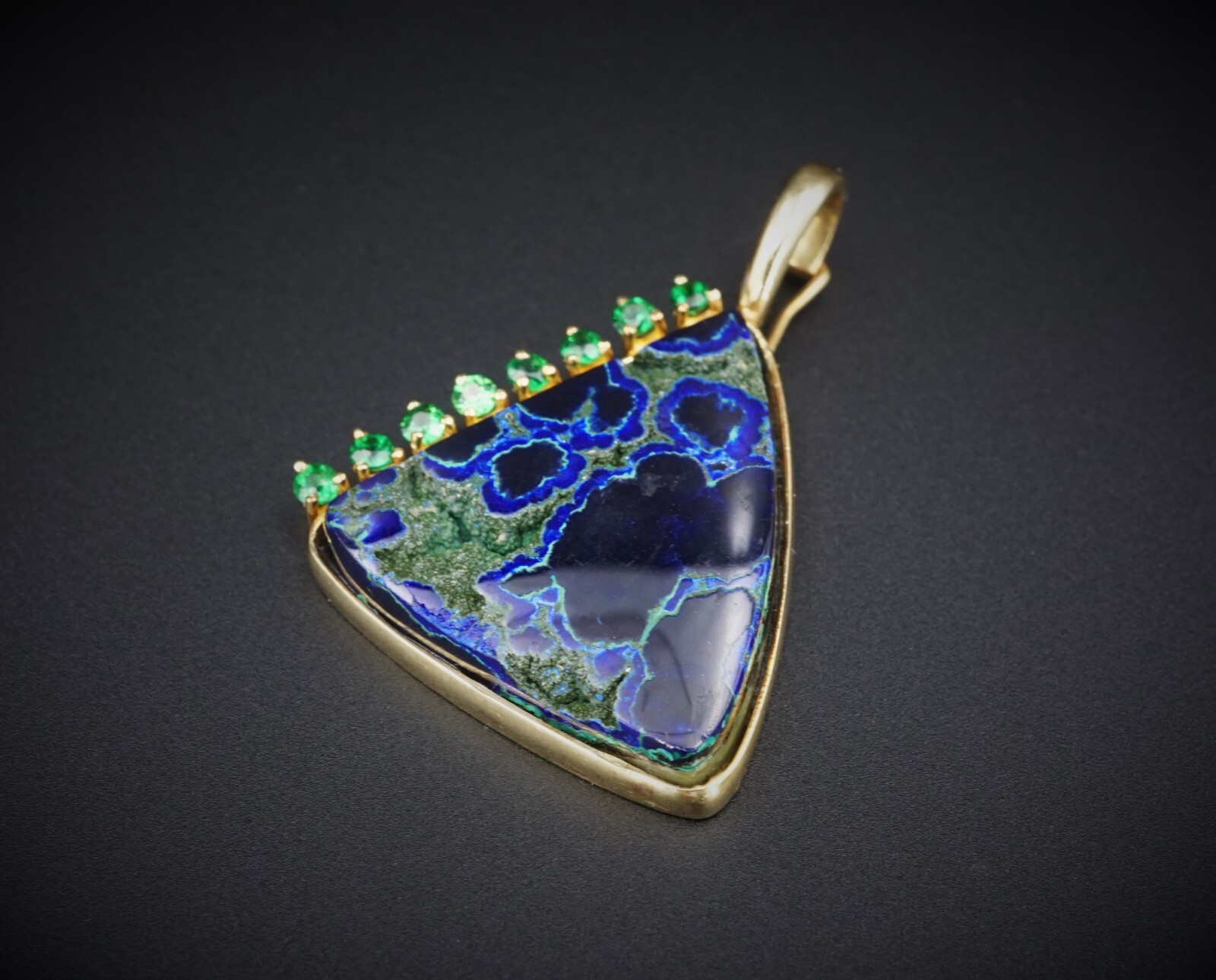 Artisan 18k Yellow Gold Azurite Slab Garnet Enhancer Pendant 1.5″ PG1731