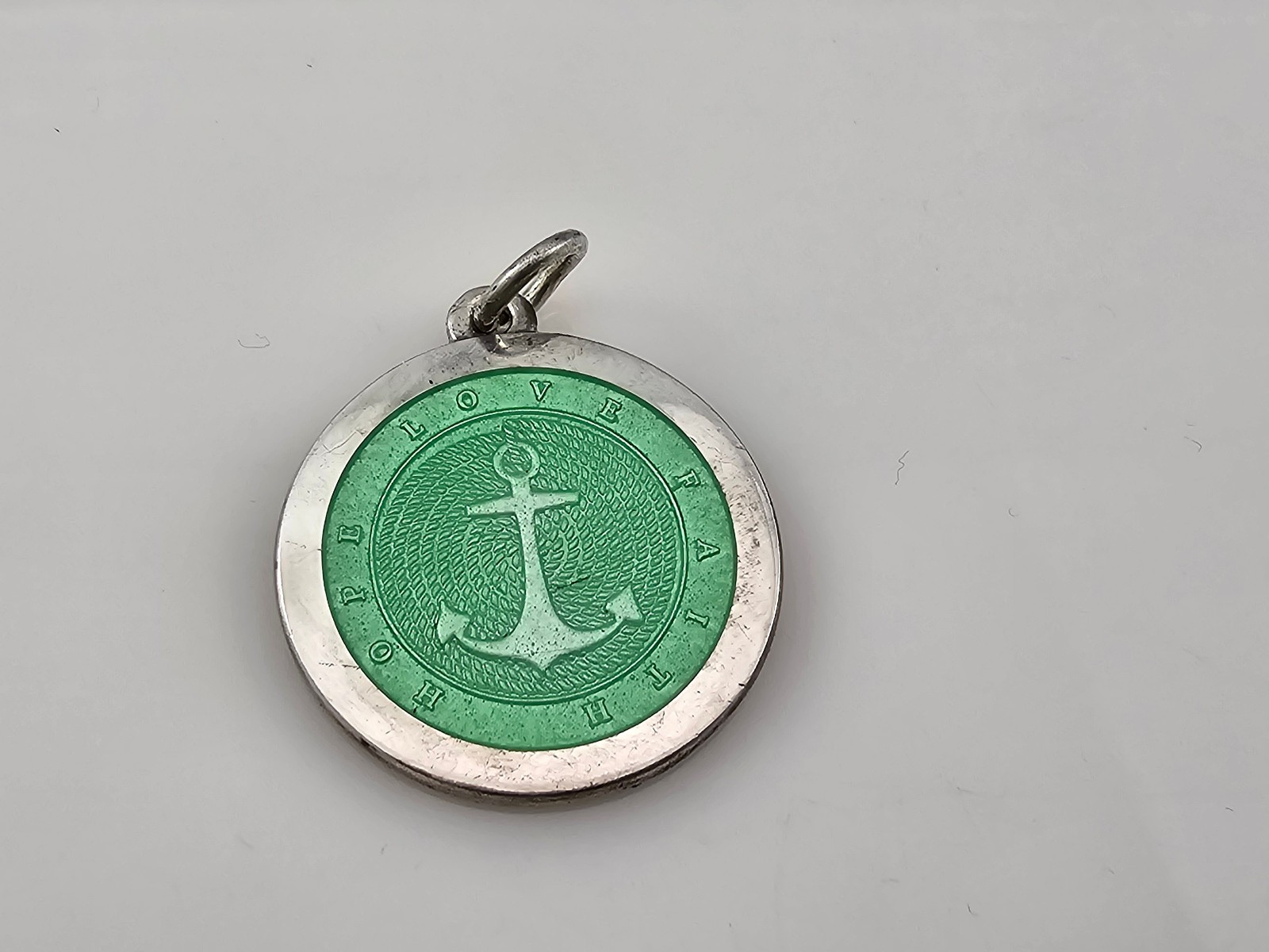 Anchor Hope Love Faith Green Enamel 925 Sterling Silver Medal Pendant 27mm
