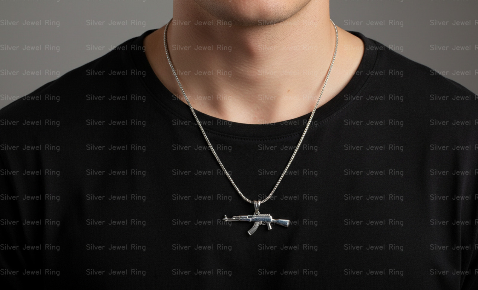 Silver Jewel Ring 925 Sterling Silver AK Style Rifle Pendant Necklace Men ‘s