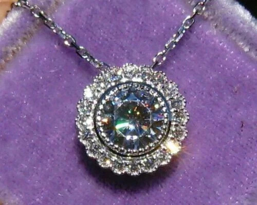 3Ct Lab Ceated Diamond Halo Pendent 14K White Gold Finish