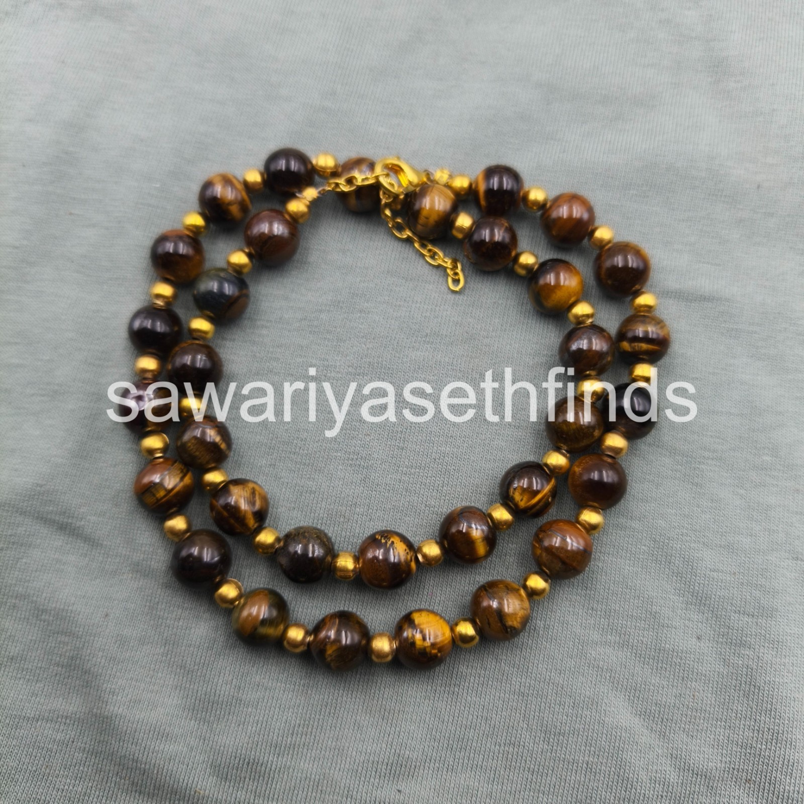 Tiger’s Eye 8mm Round Bead Necklace – Natural Gemstone Jewelry, Sterling Silver