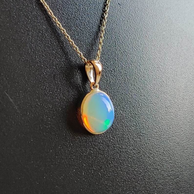 10K Solid Gold Natural Ethiopian Opal Handmade Dainty Pendant For Her Gift