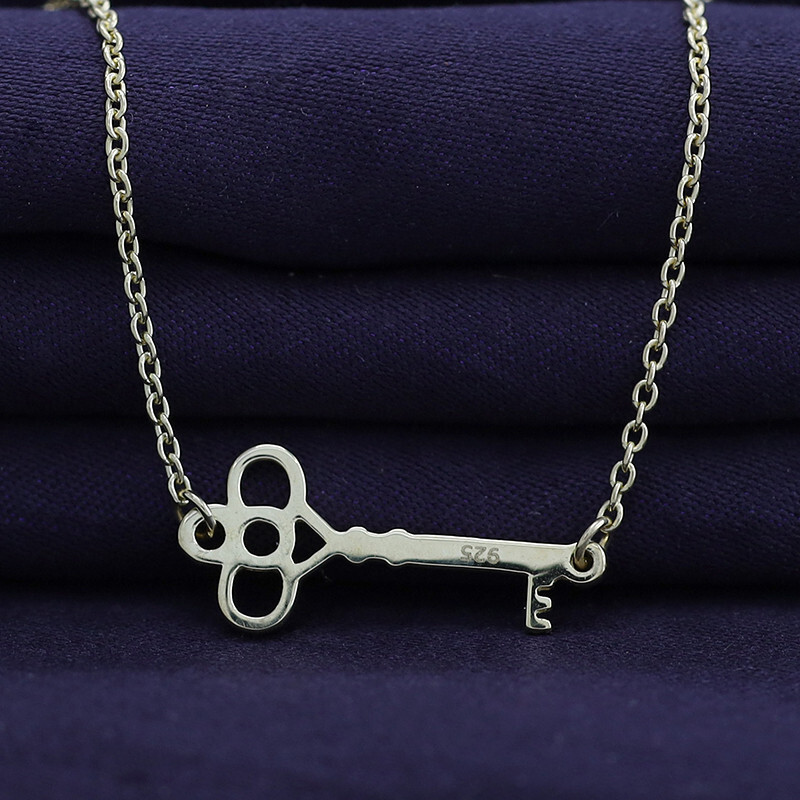 Sideways Key Pendant Necklace 14K Yellow Gold Plated Sterlg For Womens 18″ Cha