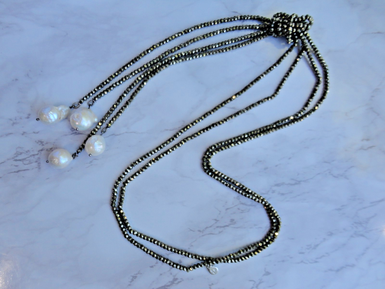 VTG ESTATE 925 INDIA BAROQUE PEARL PYRITE LARIAT BEADED DOUBLE NECKLACE 44″