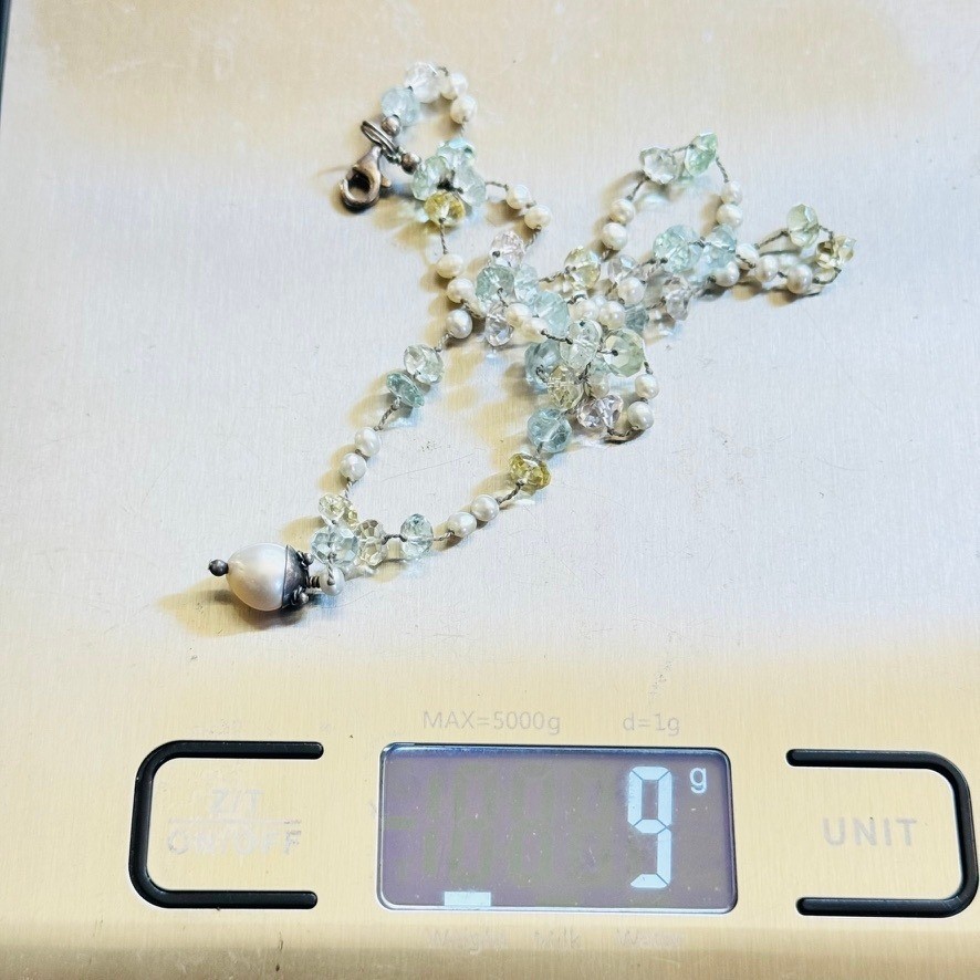 VTG Freshwater Pearl Beaded Choker AquaMarine 90s Necklace Sterling SIlver 925