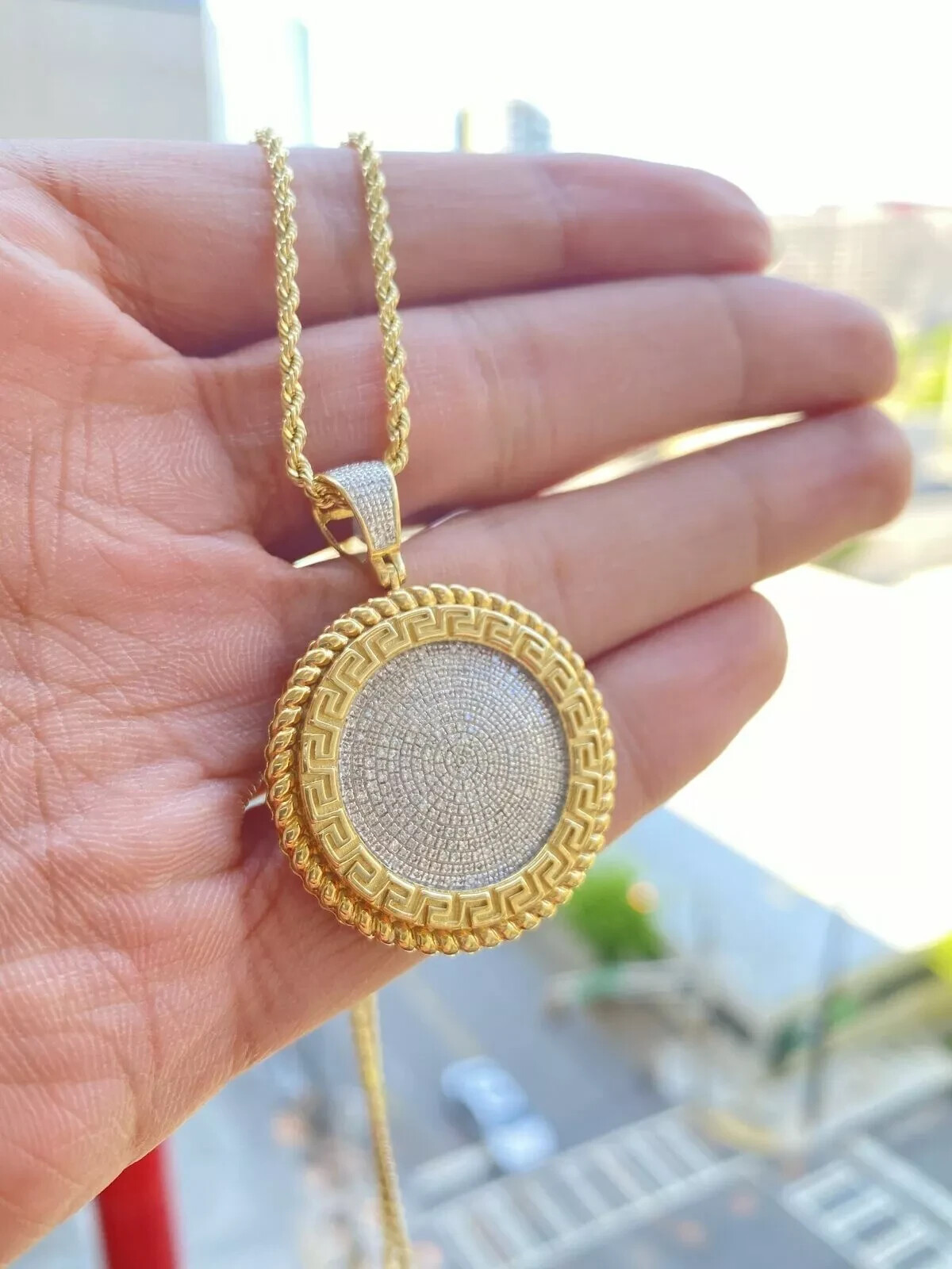 Solid 3.00Ct Round Cut Diamond Medallion Pendant Pave Charm 14K Yellow Gold Over