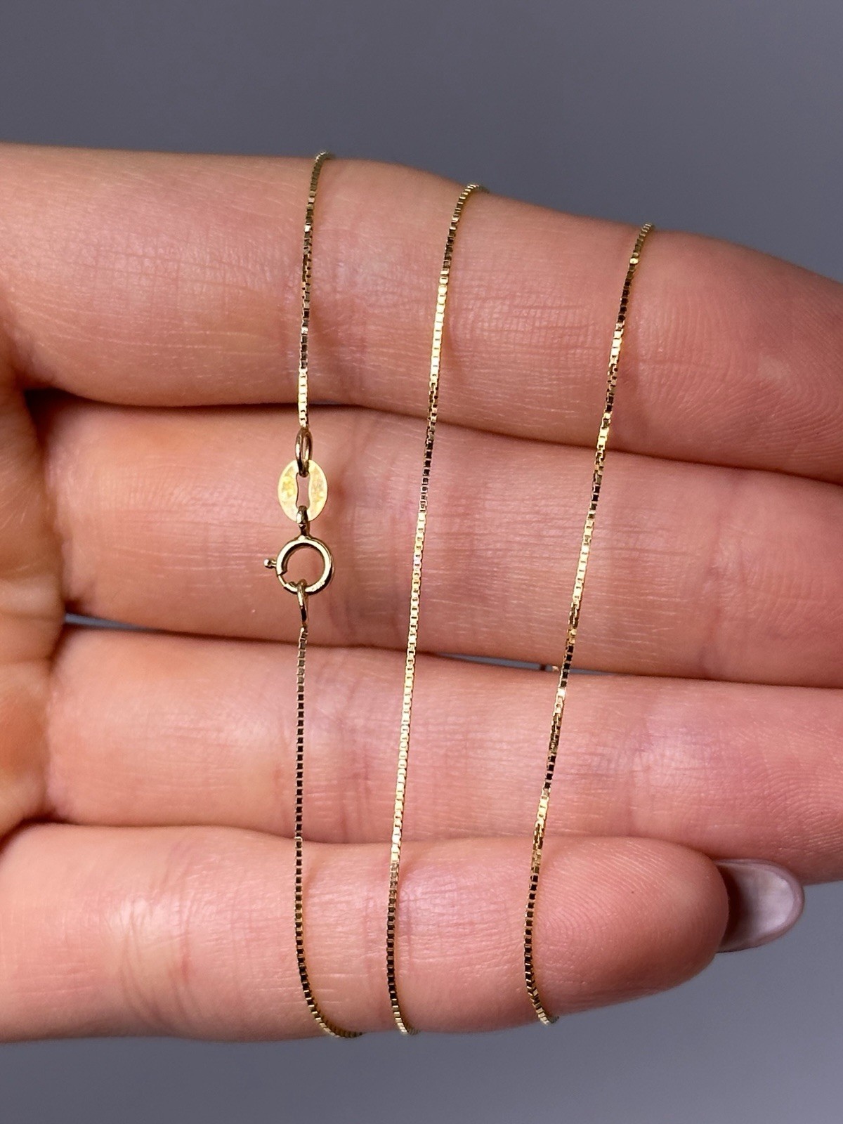 14K Yellow Gold Box Link Chain Necklace, 16”, 0.5 mm, 0.8 g