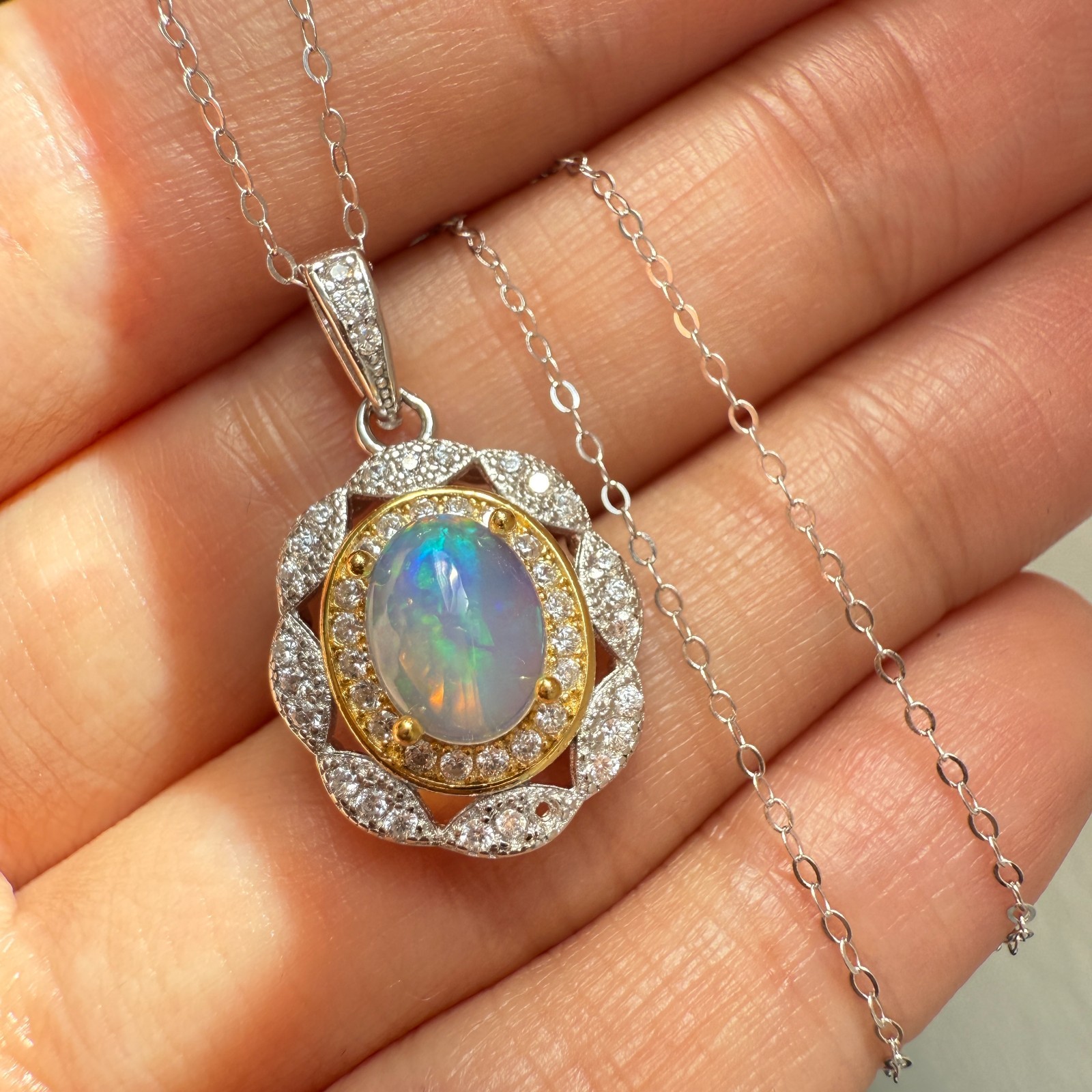 925 Sterling Silver Necklace 8x6mm Natural Opal Handmade Flower Birthstone