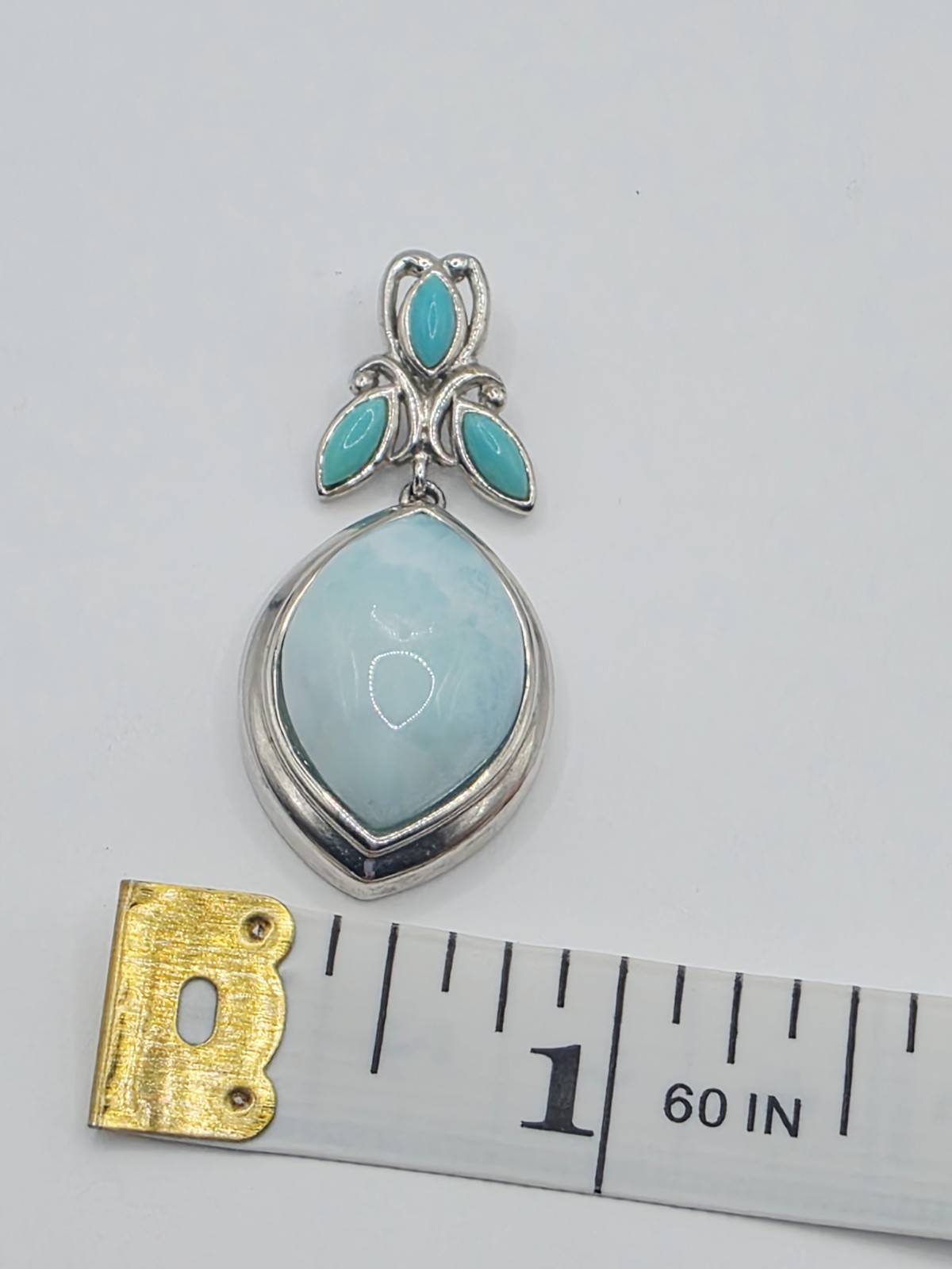 BBJ 925 Sterling Silver Larimar Pendant Thailand Blue Gemstone 9.2g Floral Leaf