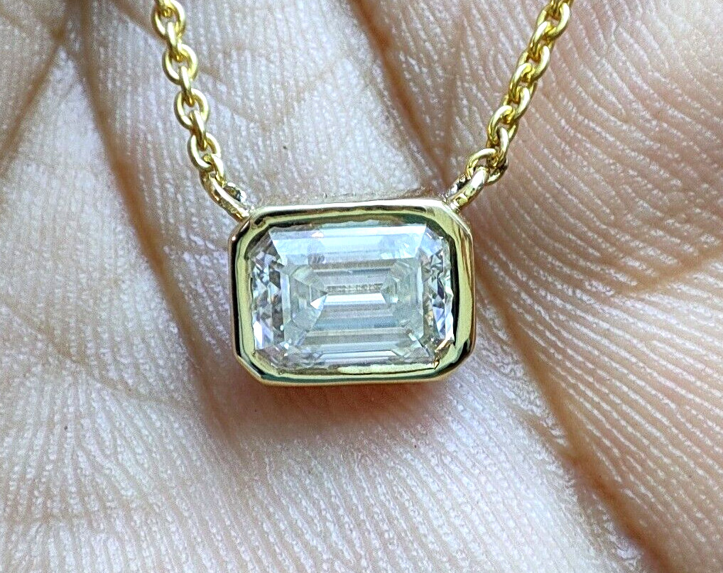 2.00 Ct East-West Emerald Moissanite Solitaire Bezel Set Pendant 14k Yellow Gold