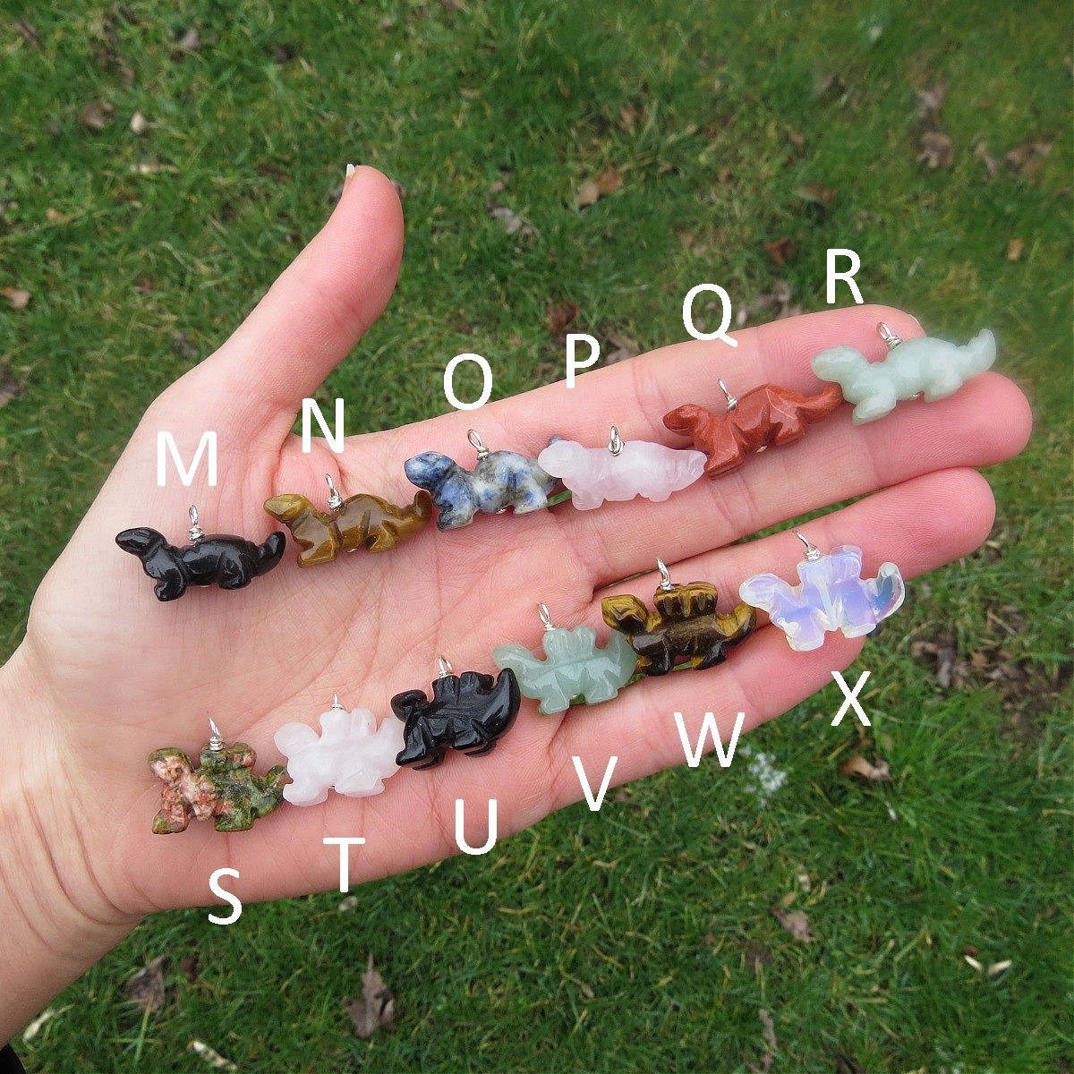 Crystal Dinoasura Necklace – Carved Stone Animal -T Rex Triceratops Stegosaurus