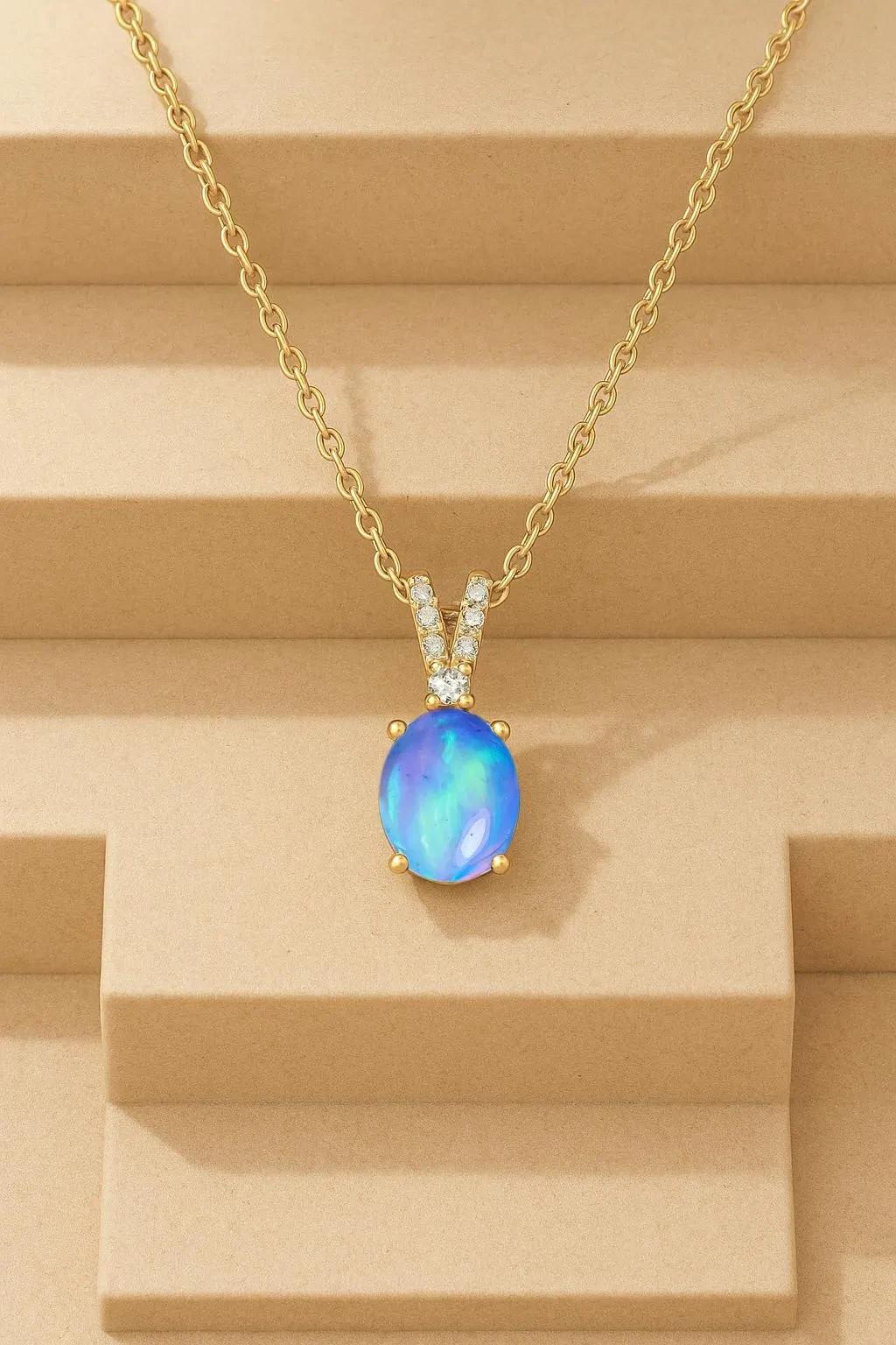 Blue Opal Gemstone Oval Charm Pendant Necklace, Natural Opal Gemstone Necklace