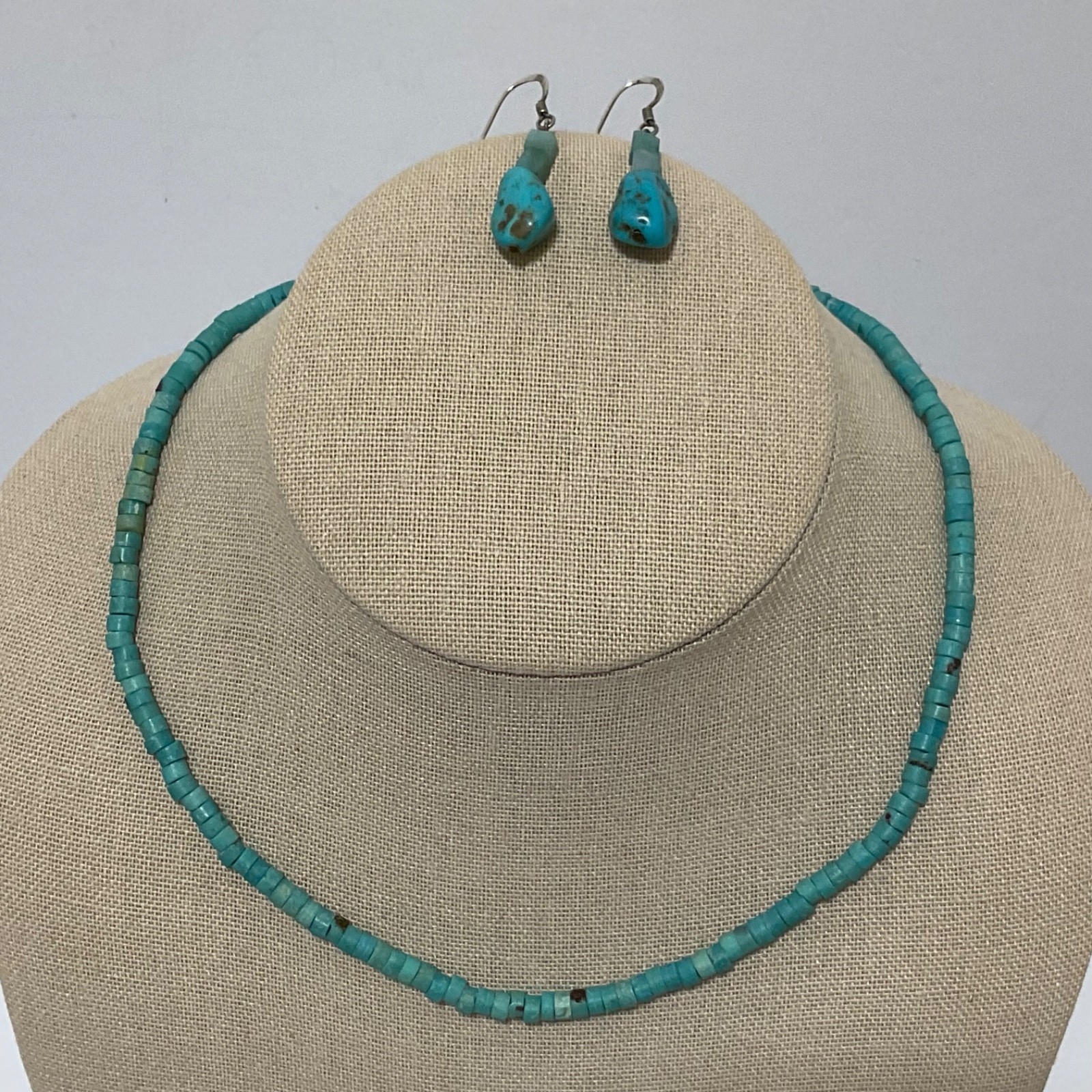 Artisan Turquoise Heishi Bead Collar Necklace Sterling Silver Gift Earrings 925