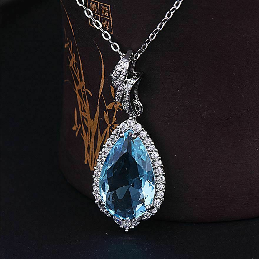 3Ct Pear Cut Aquamarine & Diamond Halo Pendant 14K White Gold Finish Free Chain
