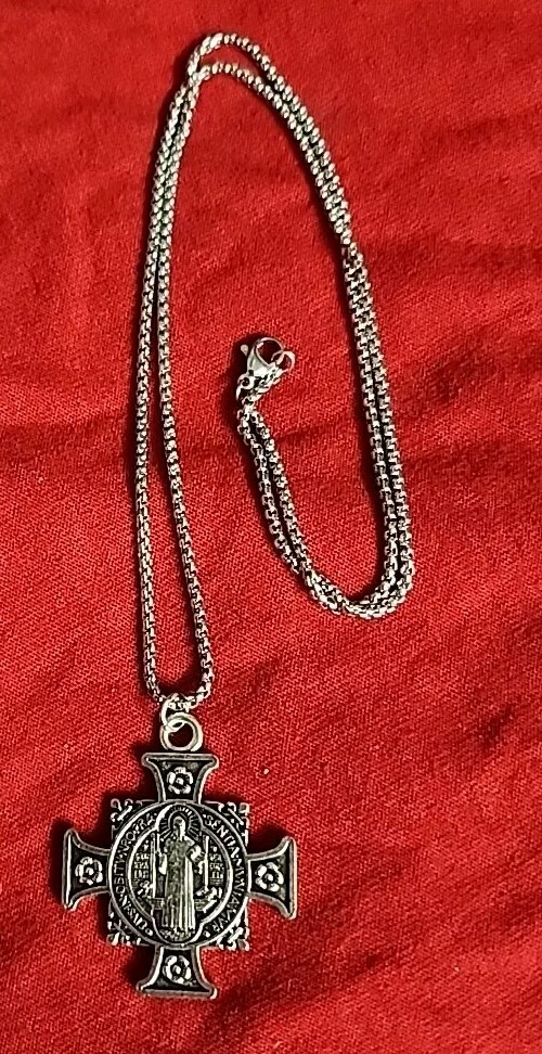 SILVER PLATED SAINT BENEDICT BMedal Cross Pendant on 22 In Chain FREE SHIPPING