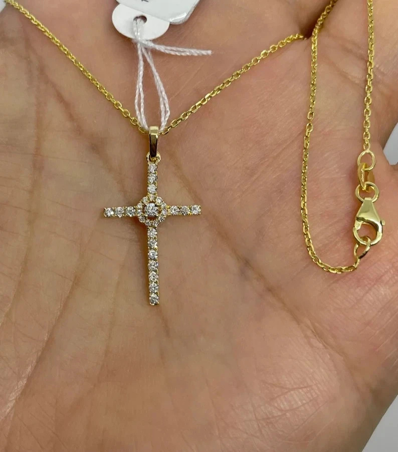 1.00Ct Round Cut Real Moissanite Women’s Cross Pendant 14K Yellow Gold Plated
