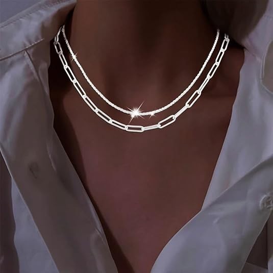 Yalice 925 Sterling Silver Sparkly Necklace Layered Dainty Chain Necklace…