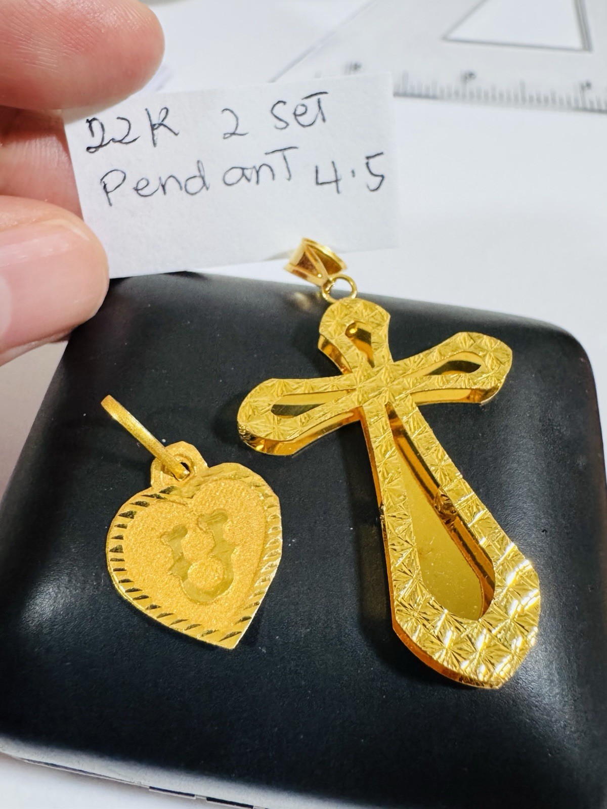 22K 916 Fine Real Gold Two Set U Heart & Cross Pendant 4.5g