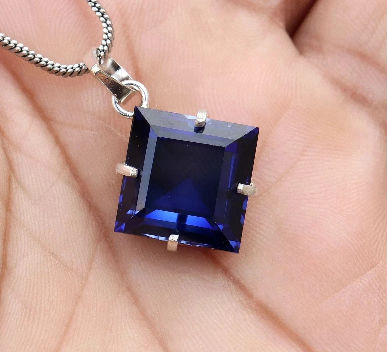 21.10 Ct Natural Blue Sapphire AGL Certified Solid Silver Princess Pendant Gem
