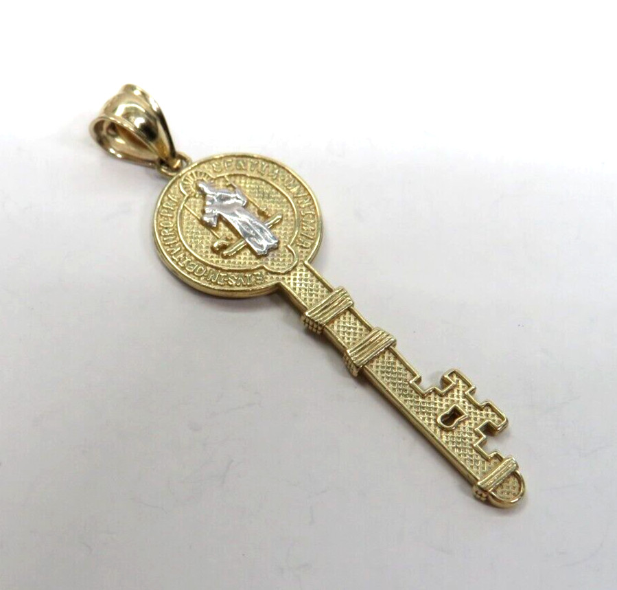 St BENEDICT 14K Yellow & White Gold Religious Key Pendant Charm