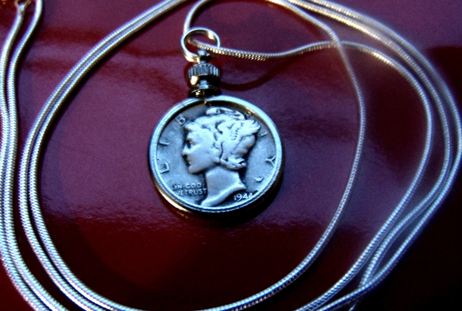 Beautiful Silver Mercury Dime Pendant on a 30″ .925 Sterling Silver Snake Chain