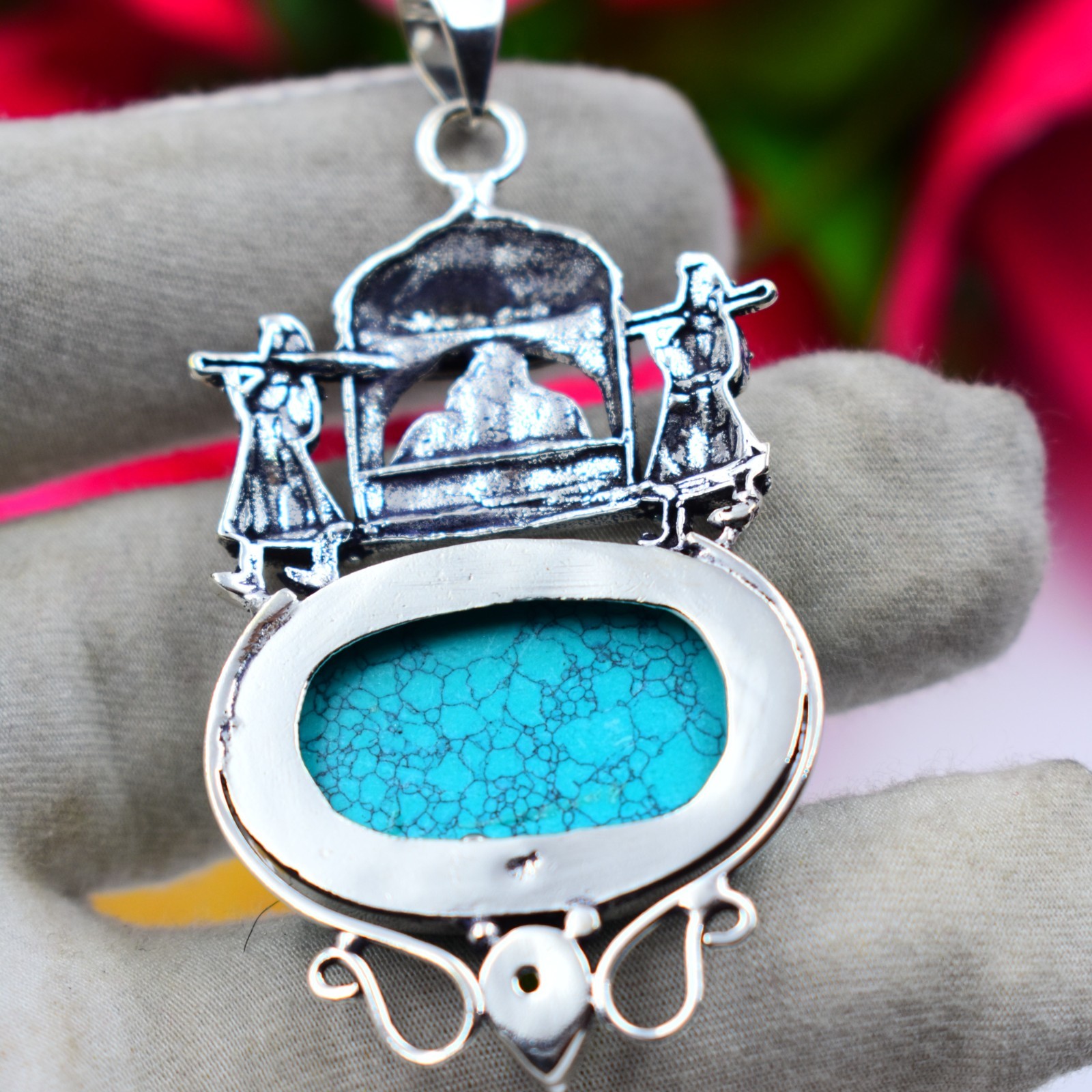Blue Turquoise Gemstone Handmade 925 Sterling Silver Jewelry Pendant Size-2.25″