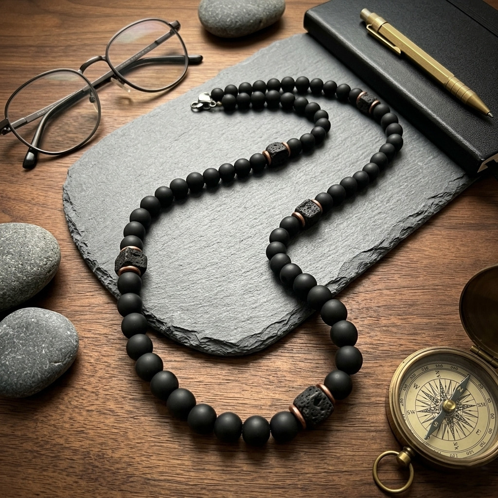 Men Black Onyx Lava Necklace | Balance Energy Rugged Edgy Casual Layered Jewelry
