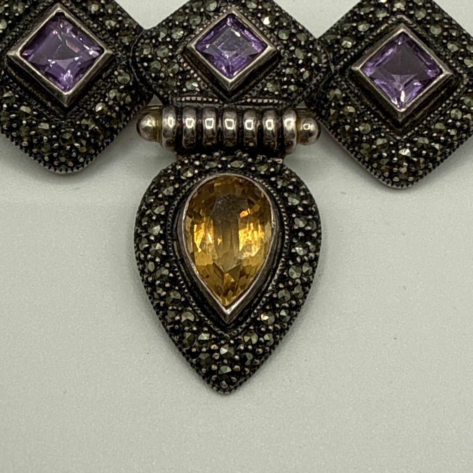 JUDITH JACK 925 Sterling Silver Vintage Amethyst Citrine Marcasite Gem Pendant