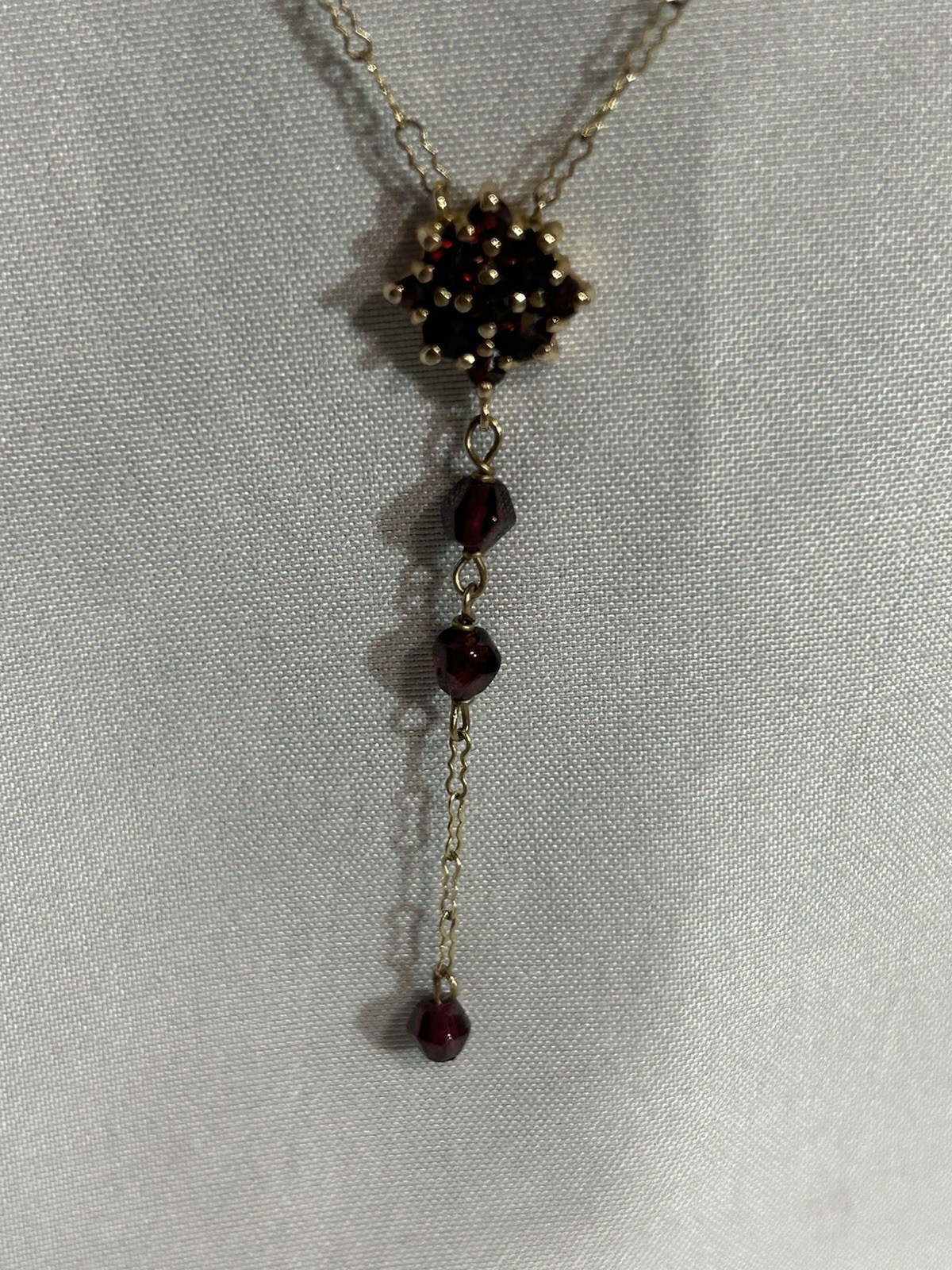 Vintage 10K, Gold Bohemian Garnet Lavalier Y-Necklace Matching Cluster Charm