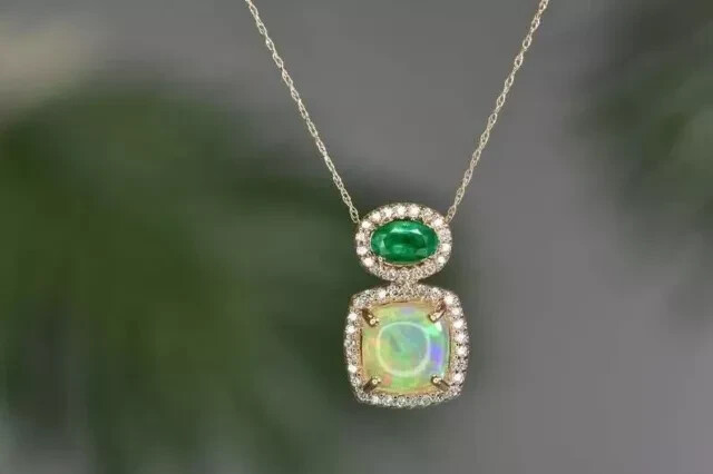 3.00Ctw Cushion Cut Lab-Created Fire Opal Emerald Pendant 14k Yellow Gold Plated