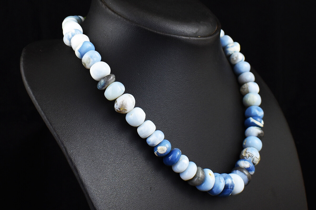 349 Cts Earth Mined Blue Lace Agate Rondelle Beads Womens Necklace JK 04E330