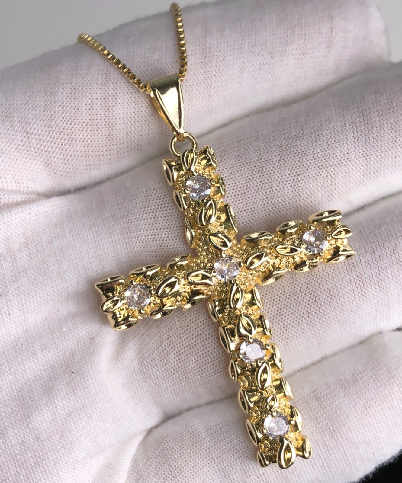 2″ Iced CZ Italian 1/200 14k Yellow Gold Oro Nugget Cross Nugget Pendant Cadena