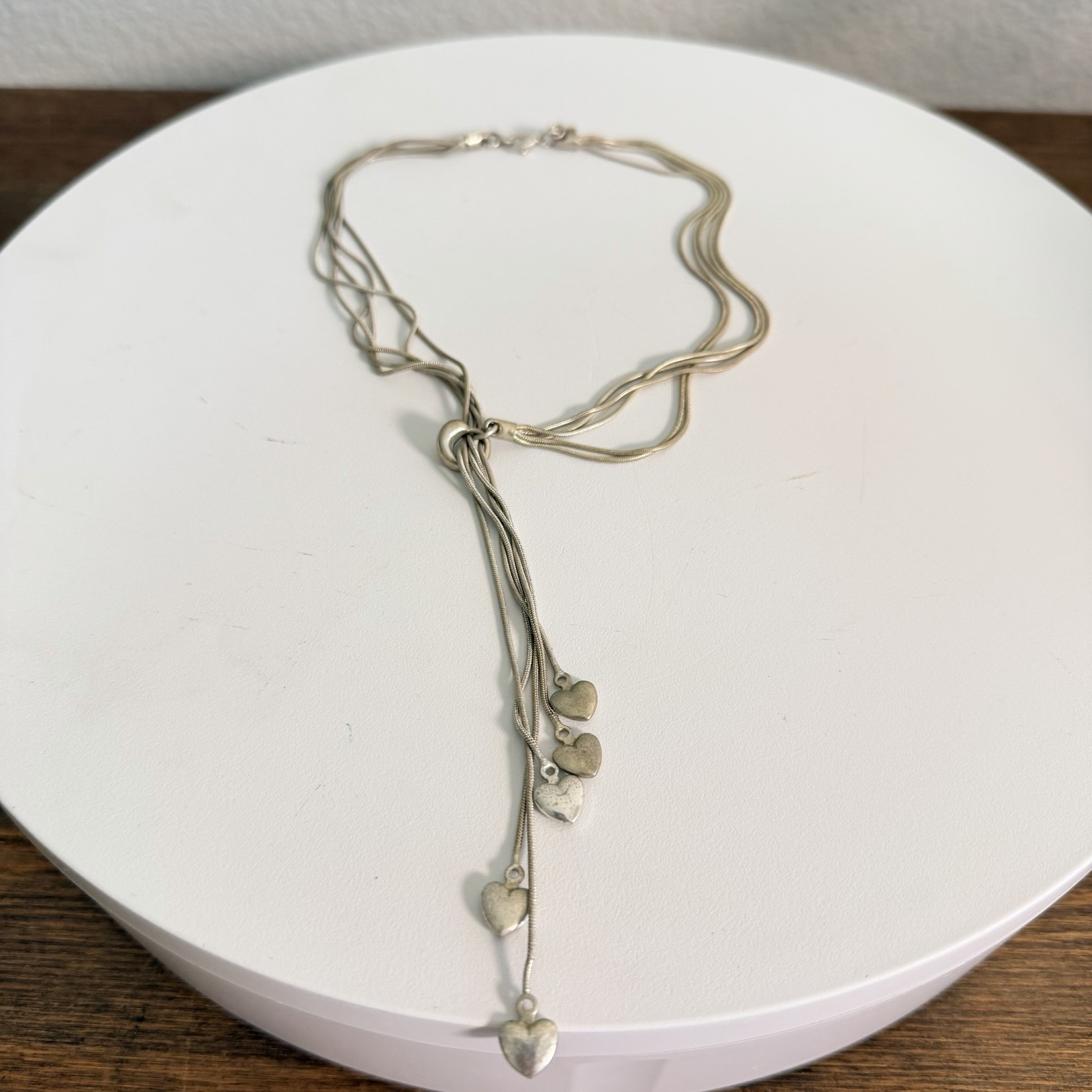 Sterling 925 5 Multi Strand Snake Chain Tiny Puffy Heart Lariat 17” Necklace