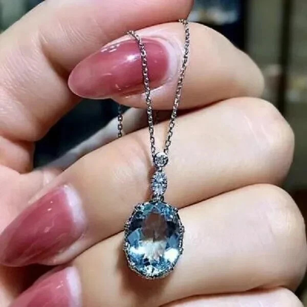 2.00Ct Oval Cut Aquamarine Solitaire Pendant 14K White Gold Finish Free Chain
