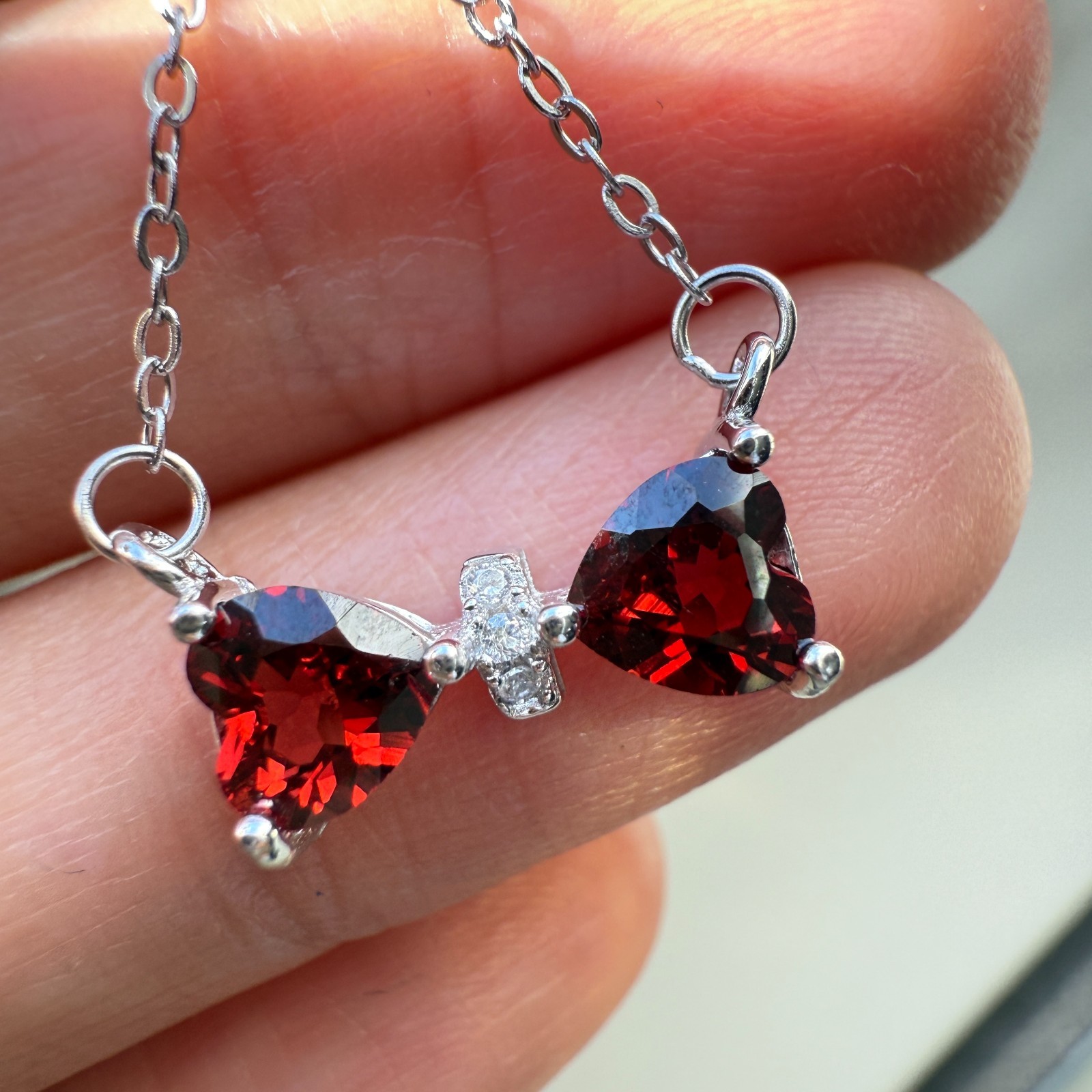 925 Sterling Silver Necklace 5mm Heart Natural Garnet Gemstone Zircon Chain Bow