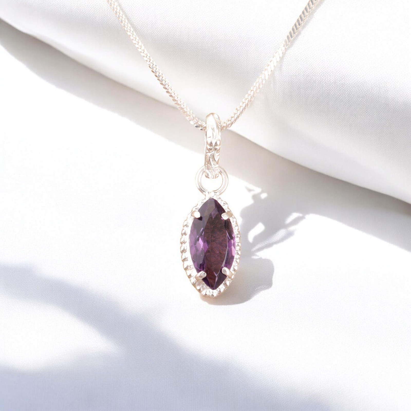 February Birth Natural Amethyst Art Deco Wedding Boho Pendant Sterling Silver