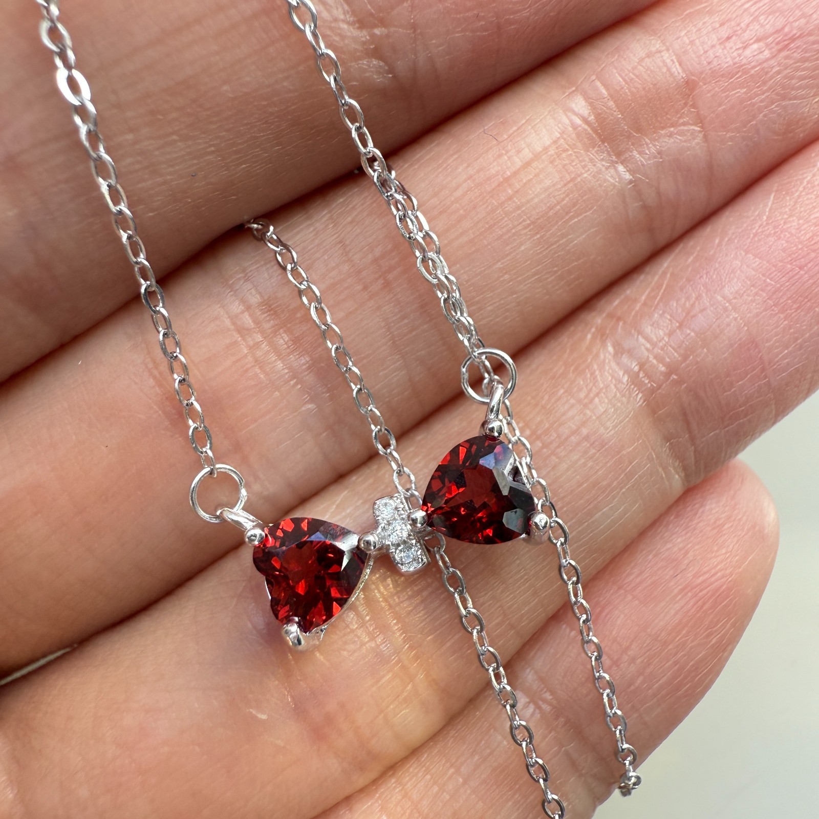 925 Sterling Silver Necklace 5mm Heart Natural Garnet Gemstone Zircon Chain Bow