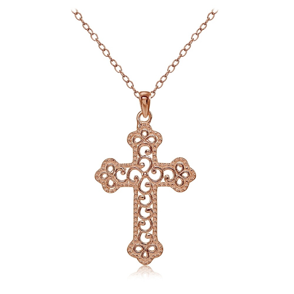 Rose Gold Flashed Sterling Silver High Polished Filigree Cross Bottony Necklace