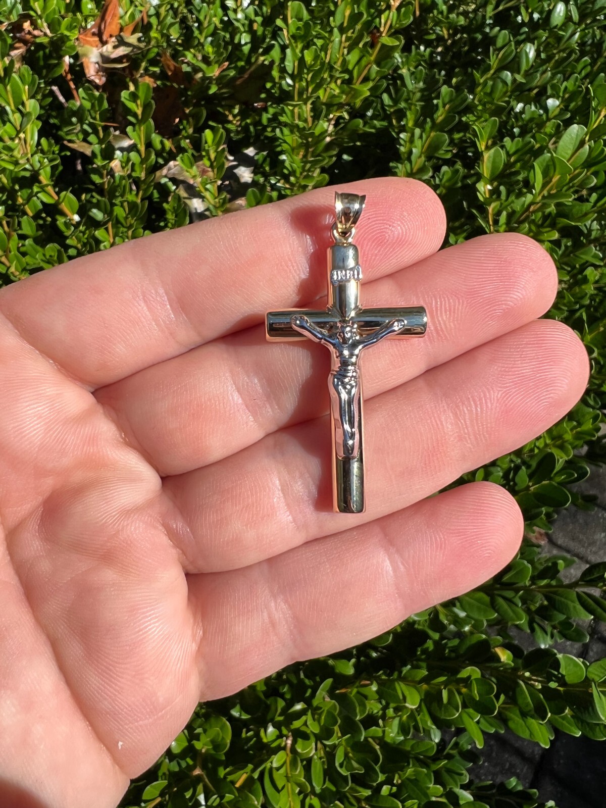 Large 1.85″ Real 14k Yellow & White Gold Cross Jesus Crucifix Pendant Necklace