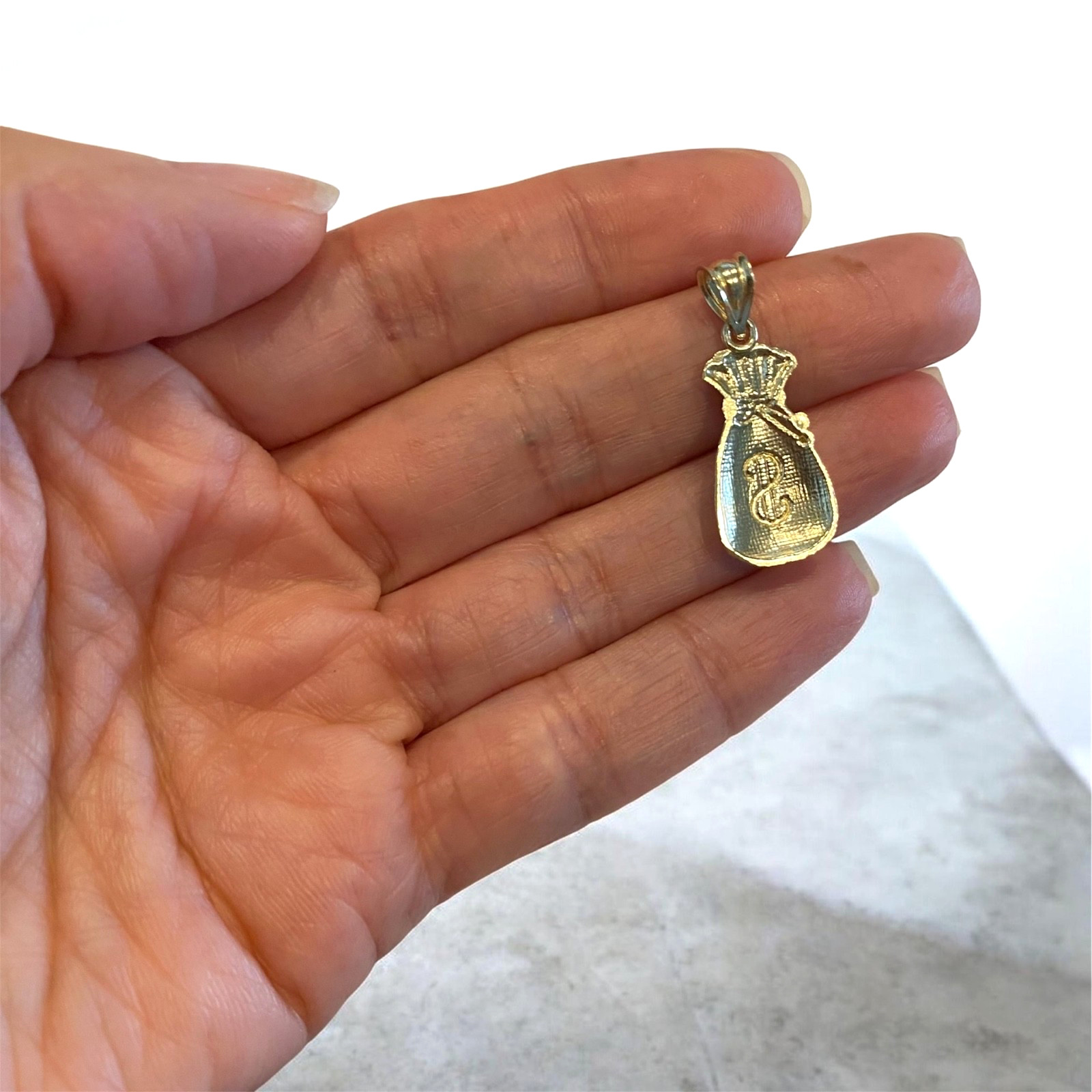 10K Solid Gold Money Bag Pendant – 1″ 10K Real Gold Charm, Dollar Charm-G15