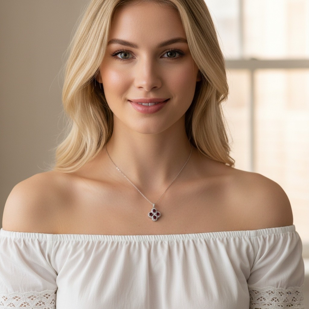 925 Sterling Silver Necklace 4x3mm Natural Garnet Gemstone Zircon Flower Chain