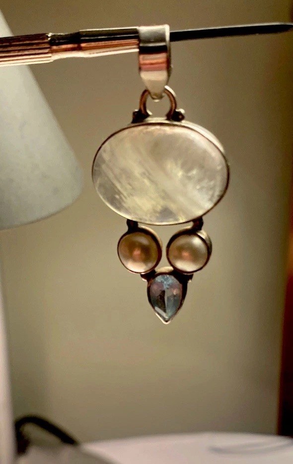 Moonstone, Aqumarine & Cultured Pearl Pendant 925 Silver 4cms Long 7 Grams