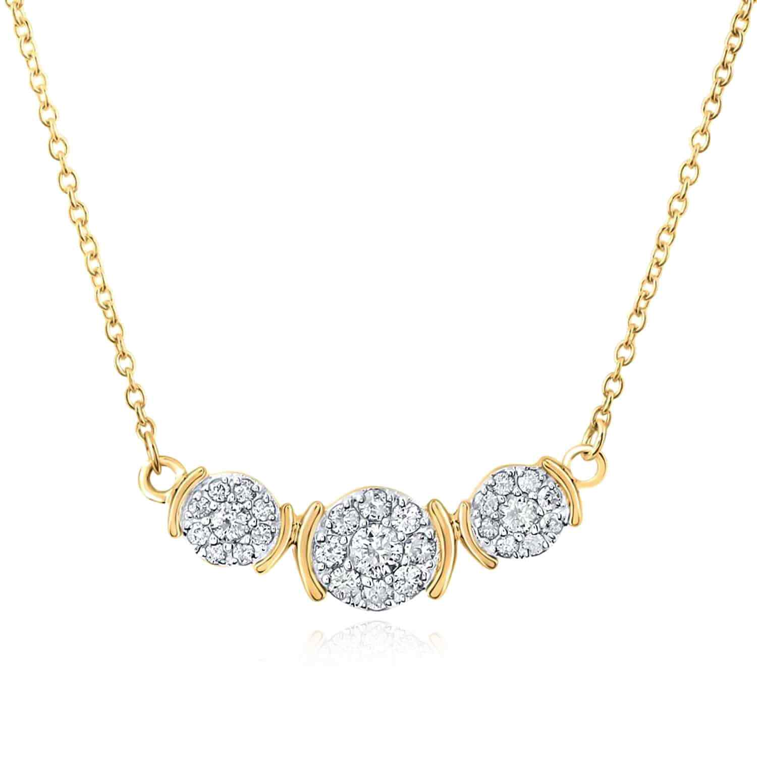 Real Diamond 10K Yellow Gold Triple Diamond Cluster Pendant Necklace 17.5″