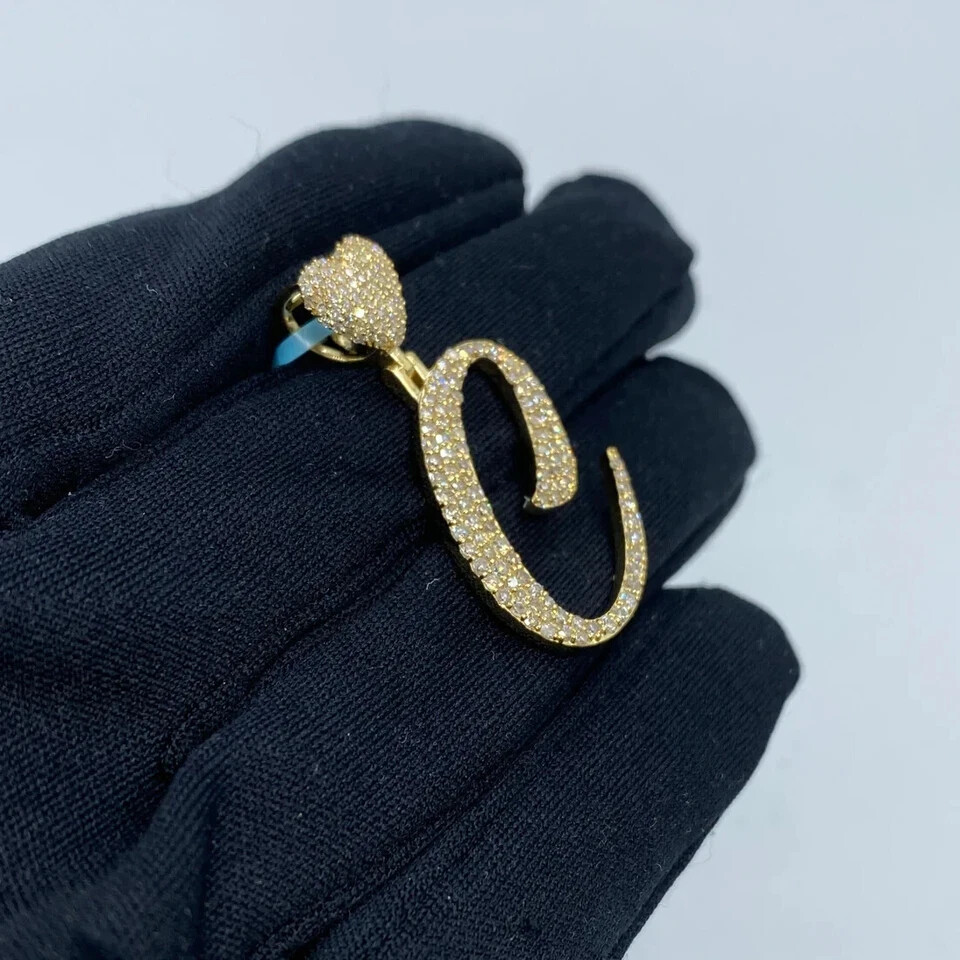 2Ct Real Moissanite Men’s Custom Letter “C” Heart Pendant 14K Yellow Gold Plated