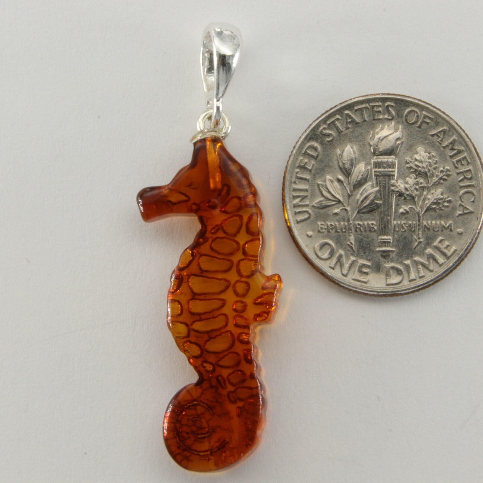 Cognac / Brown BALTIC AMBER Carved Sea Horse Pendant 925 STERLING SILVER #5711e