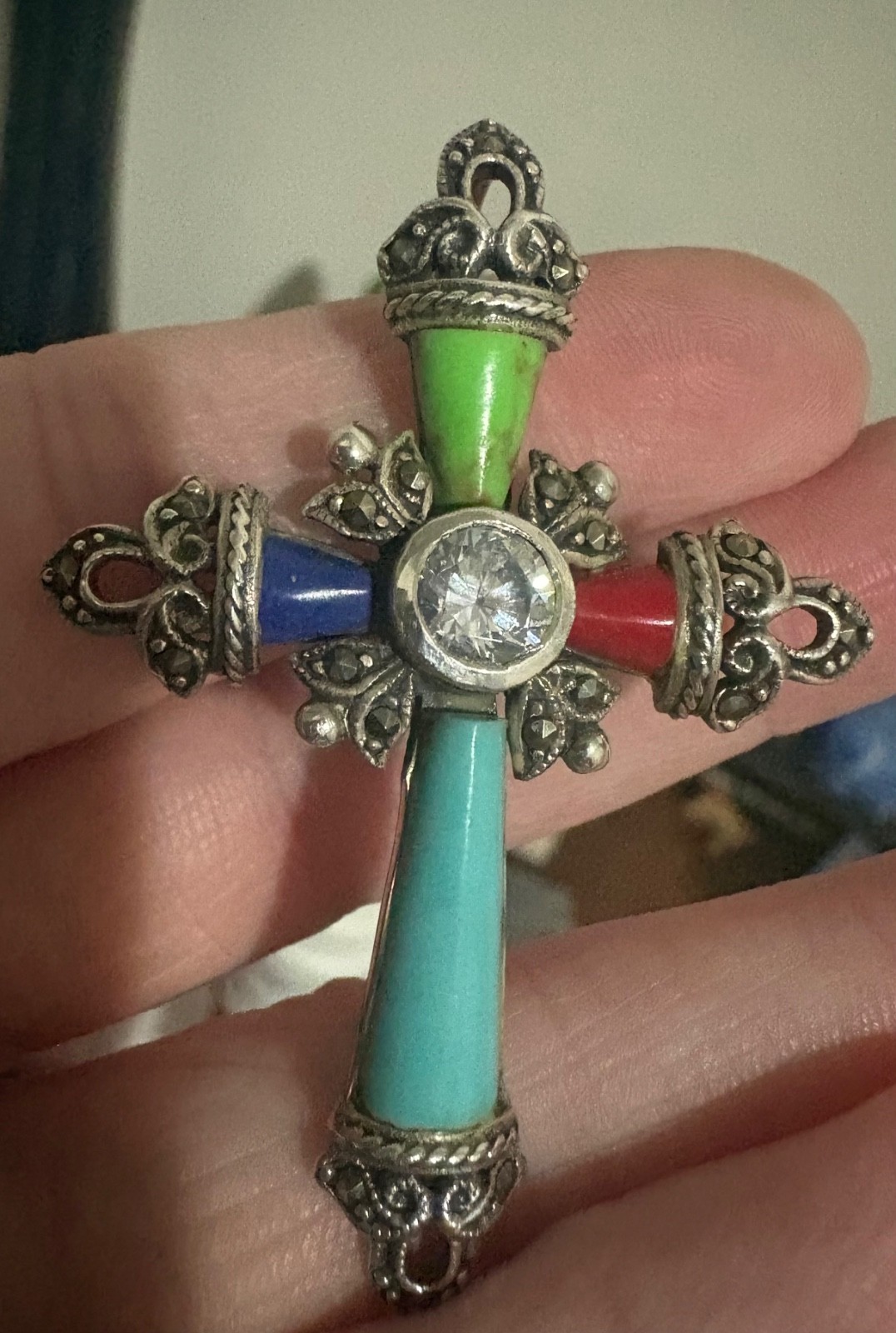 925 Sterling Silver Cross Pendant Turquoise Coral Lapis 2″ 7.16 grams CZ Gemston