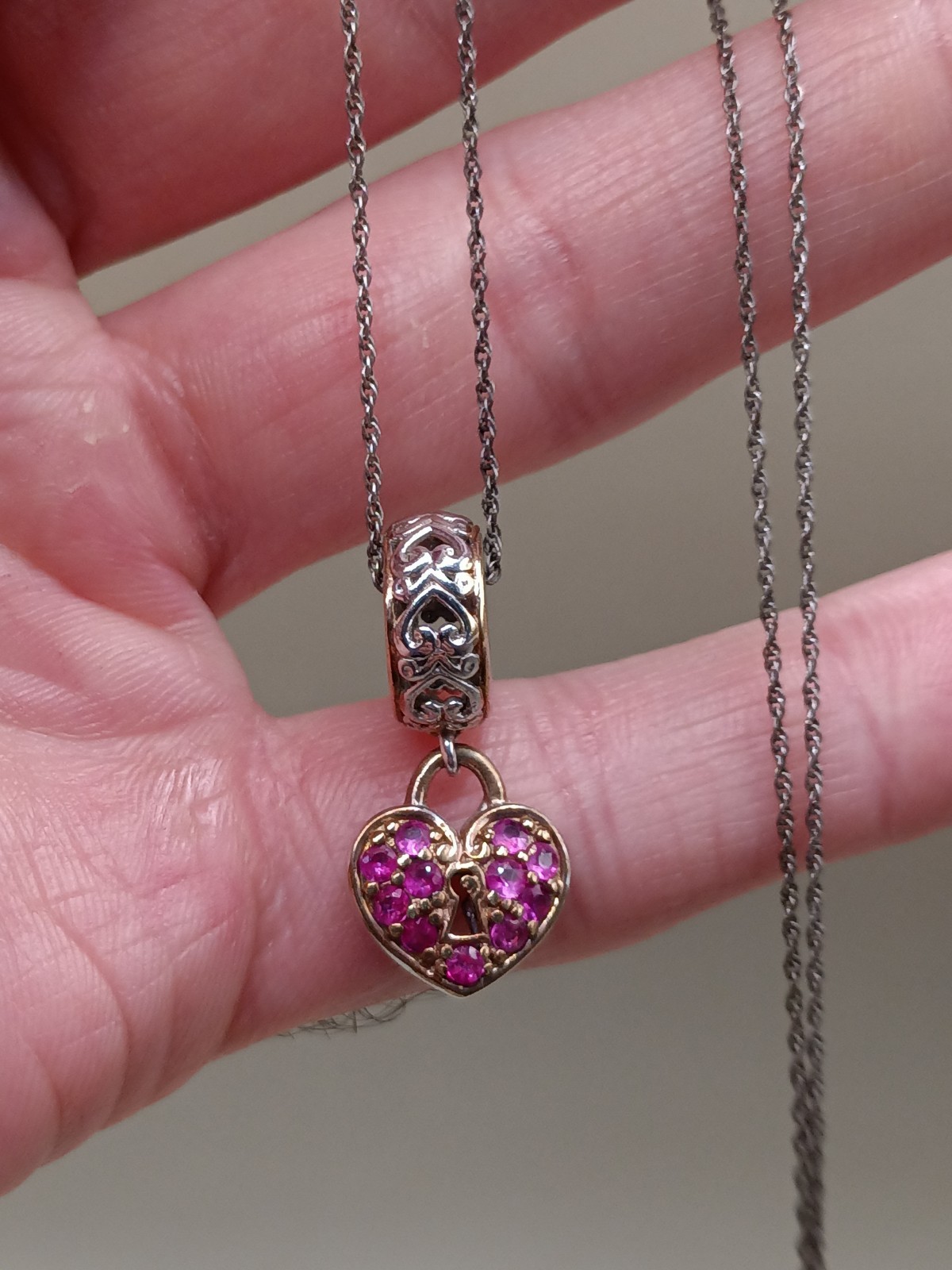 Sterling Silver Pink Gemstone Heart Charm Pendant Chain Link Necklace 18.25″